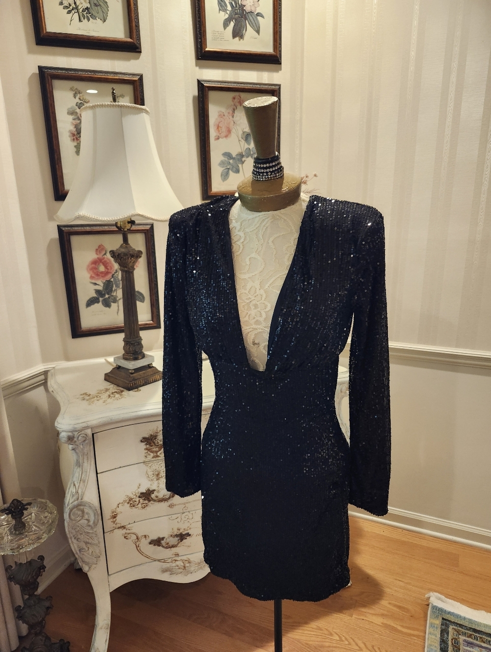 Vintage Black Liquid Stretch Tiny Sequin Deep Plunge Front M Dress